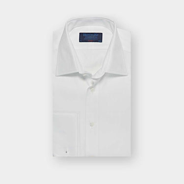 Classic Fit Plain White Herringbone Cotton Shirt with Classic Collar & Double Cuff