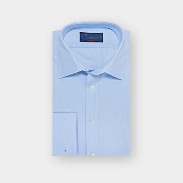 Contemporary Fit Sky Blue Hairline Stripe Cotton Poplin Shirt with Classic Collar & Double Cuff