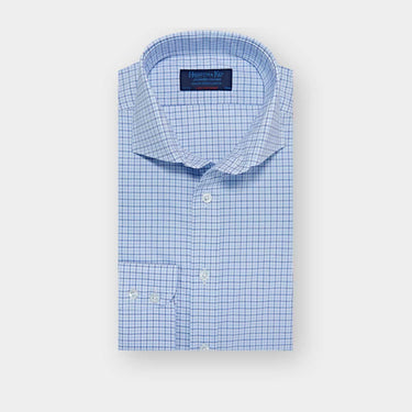 Contemporary Fit White, Navy & Sky Blue Check Cotton Shirt with Cut-away Collar & Two Button Cuff