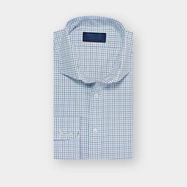 Contemporary Fit White, Green & Navy Twill Check Cotton Shirt with Cut-away Collar & Two Button Cuff