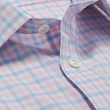 Contemporary Fit Light Blue Grid Stripe Cotton Shirt with Cut-away Collar & Two Button Cuff