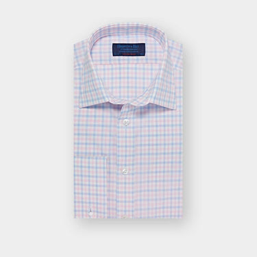 Contemporary Fit Blue & Pink Grid Check Cotton Shirt with Cut-away Collar & Two Button Cuff