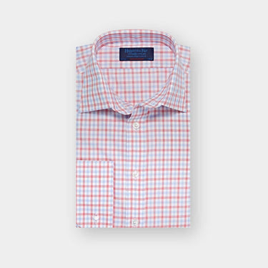 Contemporary Fit White, Red & Navy Overcheck Cotton Shirt with Classic Collar & Double Cuff