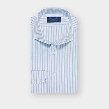 Contemporary Fit Light Blue Grid Stripe Cotton Shirt with Cut-away Collar & Two Button Cuff