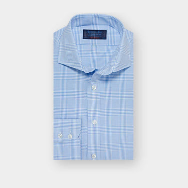 Contemporary Fit Light Blue Prince of Wales Check Cotton Shirt with Cut-away Collar & Two Button Cuff