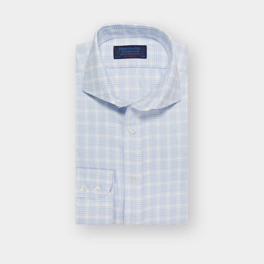 Contemporary Fit Light Blue Broken Prince of Wales Check Cotton Shirt with Cut-away Collar & Two Button Cuff