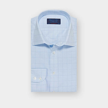 Contemporary Fit Sky Blue Houndstooth Check Cotton Shirt with Classic Collar & Two Button Cuff