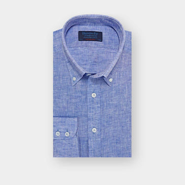 Contemporary Fit Plain Mid Navy Linen Shirt with Button Down Collar & Two Button Cuff