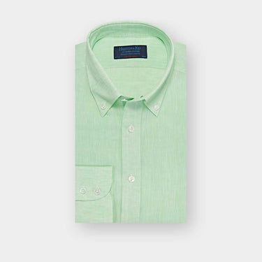 Contemporary Fit Plain Green Linen Shirt with Button Down Collar & Two Button Cuff