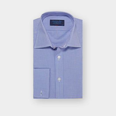 Classic Fit Mid Blue & White Shepherds Check Cotton Poplin Shirt with Classic Collar & Double Cuff