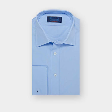 Contemporary Fit Plain Sky Blue Cotton Poplin Shirt with Classic Collar & Double Cuff