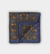 Blue & Gold Bird Motif Wool & Silk Blend Pocket Square