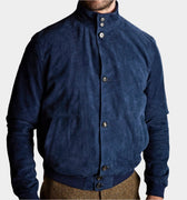 Blue Real Leather Suede Deck Bomber Jacket