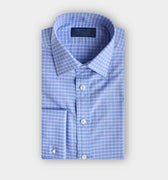 Contemporary Fit Blue Check Cotton Twill Shirt with Classic Collar & Double Cuff