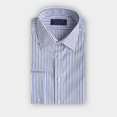 Contemporary Fit Blue & Navy Multi Stripe Cotton Shirt with Classic Collar & Double Cuff