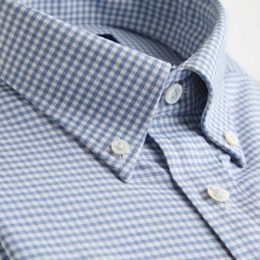 Contemporary Fit Blue Small Gingham Check Cotton Shirt with Button Down Collar & Two Button Cuff