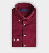 Contemporary Fit Burgundy Fine Corduroy Shirt with Button Down Collar & Two Button Cuff