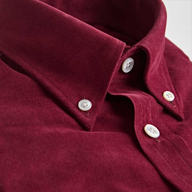 Contemporary Fit Burgundy Fine Corduroy Shirt with Button Down Collar & Two Button Cuff