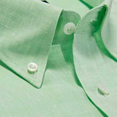 Contemporary Fit, Button Down Collar, 2 Button Cuff Shirt in a Plain Green Linen