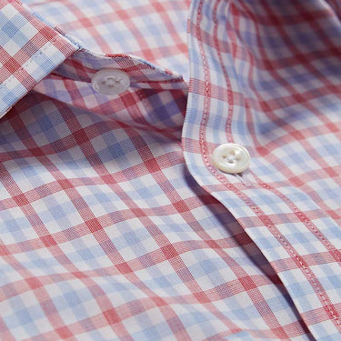 Contemporary Fit, Classic Collar, Double Cuff White With Red & Navy Overcheck