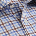 Contemporary Fit, Cutaway Collar, Two Button Cuff in White With Brown & Blue Overcheck