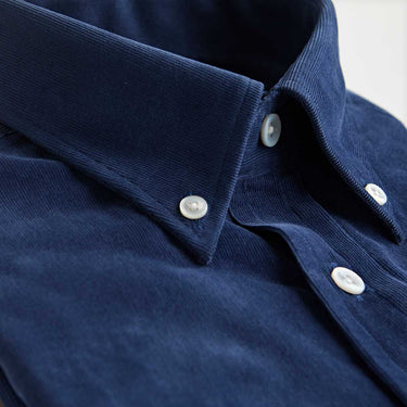 Contemporary Fit Dark Blue Fine Corduroy Shirt with Button Down Collar & Two Button Cuff