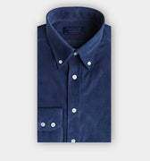 Contemporary Fit Dark Blue Fine Corduroy Shirt with Button Down Collar & Two Button Cuff