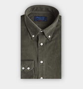 Contemporary Fit Green Fine Corduroy Shirt with Button Down Collar & Two Button Cuff