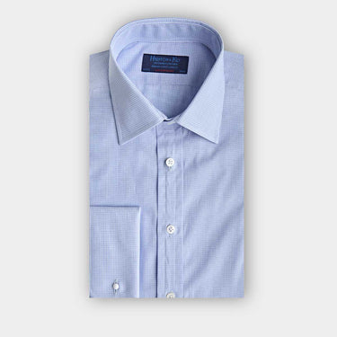 Contemporary Fit Light Blue Fine Check Cotton Shirt with Classic Collar & Double Cuff