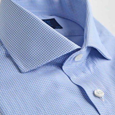 Contemporary Fit Light Blue Micro Check Cotton Shirt with Cut - away Collar & Two Button Cuff