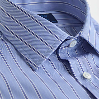 Contemporary Fit Light Blue & Navy Fine Stripe Cotton Shirt with Classic Collar & Double Cuff