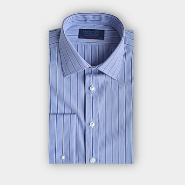 Contemporary Fit Light Blue & Navy Fine Stripe Cotton Shirt with Classic Collar & Double Cuff