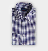 Contemporary Fit Navy Gingham Check Cotton Twill Shirt with Classic Collar & Two Button Cuff