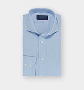 Contemporary Fit Sky Blue Hairline Stripe Cotton Poplin Shirt with Cut - away Collar & Two Button Cuff