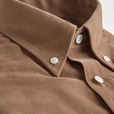 Contemporary Fit Tan Fine Corduroy Shirt with Button Down Collar & Two Button Cuff