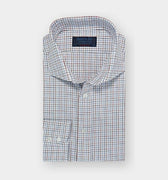 Contemporary Fit White, Red & Navy Twill Check Cotton Shirt with Cut - away Collar & Two Button Cuff