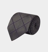 Black & Grey Houndstooth Woven Silk Tie With Purple Overcheck