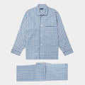 Blue, Grey & White Checked Brushed Cotton Pyjamas with Navy Piping