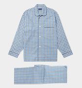 Blue, Grey & White Checked Brushed Cotton Pyjamas with Navy Piping