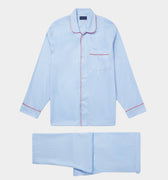 Blue Herringbone Cotton Pyjamas With Red Piping