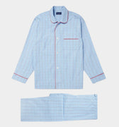 Blue With White Check Poplin Cotton Pyjamas with Red Piping