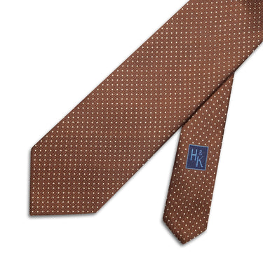 Brown Printed Silk Tie with White Pin Spots