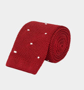 Deep Red Knitted Silk Tie with White Spots