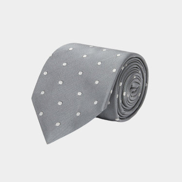 Grey With White Medium Spot Woven Silk Tie