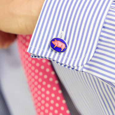 Longmire Sterling Silver Cufflink Pig In Pink Enamel On Blue Background