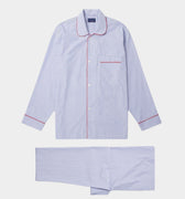 Mid Blue Fine Bengal Stripe Cotton Pyjamas With Red Piping