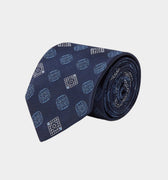 Navy Woven Silk Tie With White Diamonds & Blue Flowers