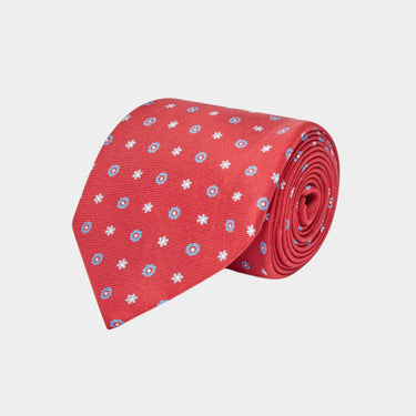 Red & Blue Printed Silk Tie With Light Blue Flowers