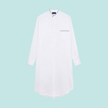 White Herringbone Cotton Nightshirt With Navy Piping