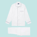 White Herringbone Cotton Pyjamas With Navy Piping